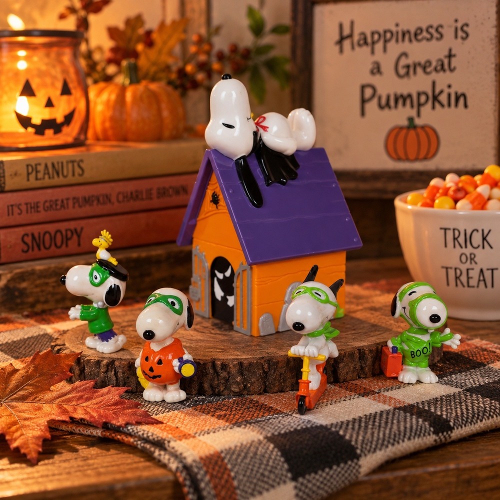 Whitman's Peanuts Halloween Snoopy Figures Set Orange Purple Doghouse Bank